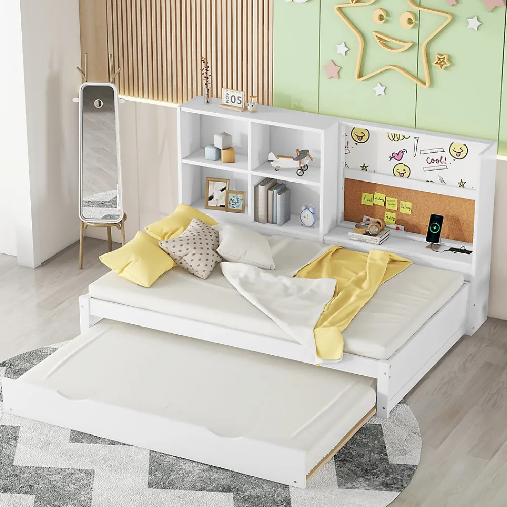 Lit Gigogne 90 x 200 cm - Lit enfant avec Port de Chargement USB et Rangement - Bois de Pin + MDF - Sans Matelas - Blanc>Okwish Clearance