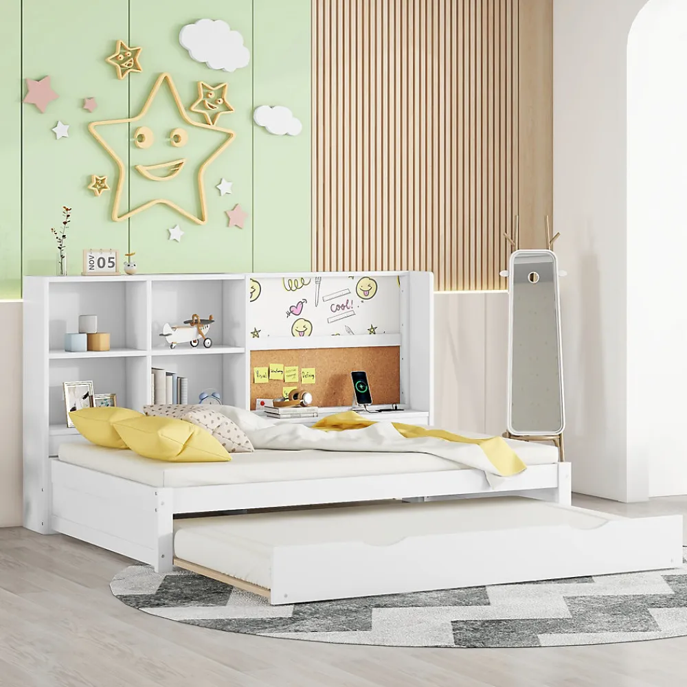 Lit Gigogne 90 x 200 cm - Lit enfant avec Port de Chargement USB et Rangement - Bois de Pin + MDF - Sans Matelas - Blanc>Okwish Clearance