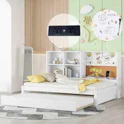 Lit Gigogne 90 x 200 cm - Lit enfant avec Port de Chargement USB et Rangement - Bois de Pin + MDF - Sans Matelas - Blanc><noscript><img width=
