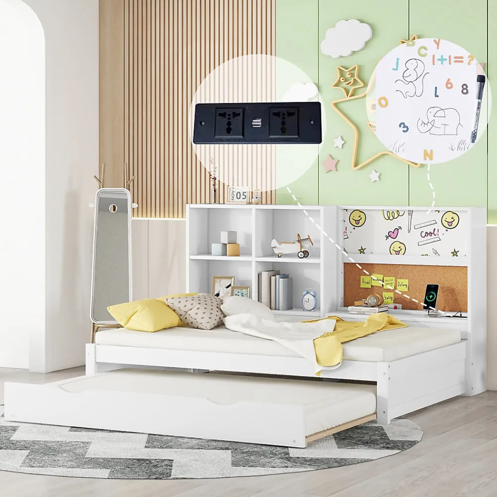Lit Gigogne 90 x 200 cm - Lit enfant avec Port de Chargement USB et Rangement - Bois de Pin + MDF - Sans Matelas - Blanc>Okwish Clearance