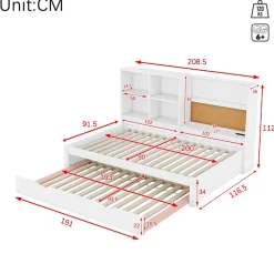 Lit Gigogne 90 x 200 cm - Lit enfant avec Port de Chargement USB et Rangement - Bois de Pin + MDF - Sans Matelas - Blanc><noscript><img width=
