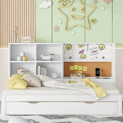 Lit Gigogne 90 x 200 cm - Lit enfant avec Port de Chargement USB et Rangement - Bois de Pin + MDF - Sans Matelas - Blanc><noscript><img width=