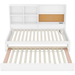 Lit Gigogne 90 x 200 cm - Lit enfant avec Port de Chargement USB et Rangement - Bois de Pin + MDF - Sans Matelas - Blanc><noscript><img width=
