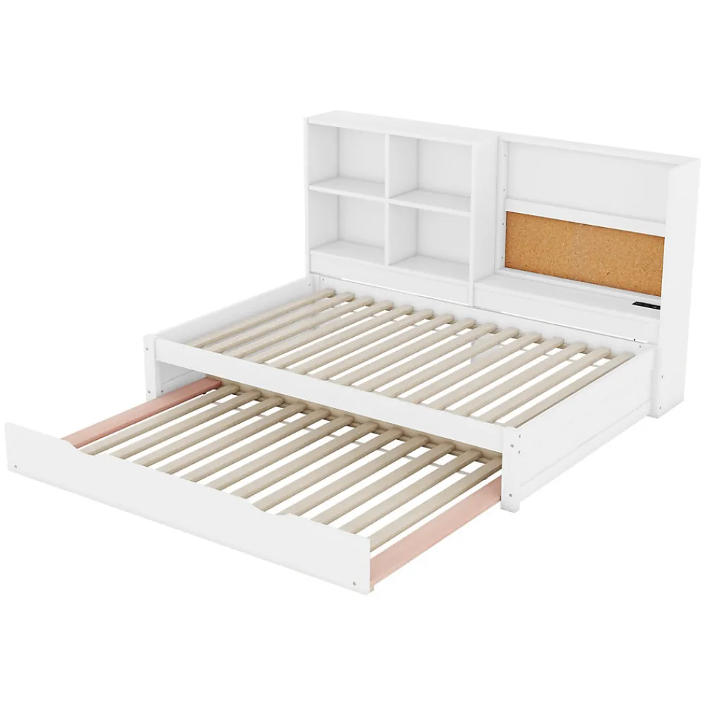Lit Gigogne 90 x 200 cm - Lit enfant avec Port de Chargement USB et Rangement - Bois de Pin + MDF - Sans Matelas - Blanc>Okwish Clearance