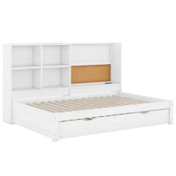 Lit Gigogne 90 x 200 cm - Lit enfant avec Port de Chargement USB et Rangement - Bois de Pin + MDF - Sans Matelas - Blanc><noscript><img width=