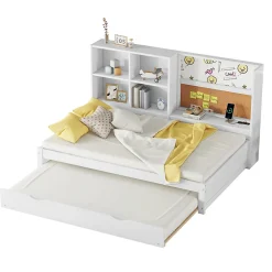 Lit Gigogne 90 x 200 cm - Lit enfant avec Port de Chargement USB et Rangement - Bois de Pin + MDF - Sans Matelas - Blanc><noscript><img width=