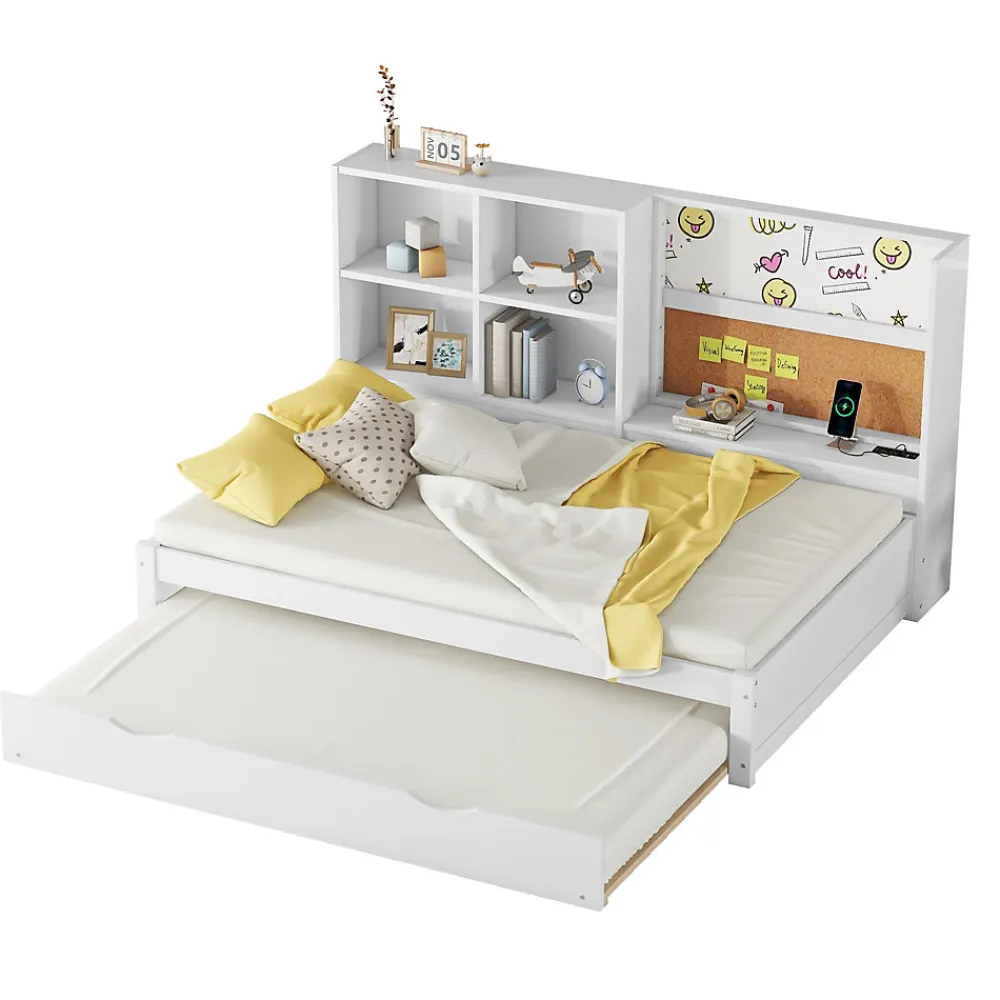 Lit Gigogne 90 x 200 cm - Lit enfant avec Port de Chargement USB et Rangement - Bois de Pin + MDF - Sans Matelas - Blanc>Okwish Clearance