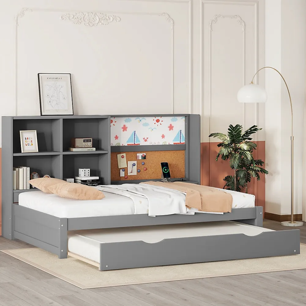 Lit Gigogne 90 x 200 cm - Lit enfant avec Port de Chargement USB et Rangement - Bois de Pin + MDF - Sans Matelas - Gris>Okwish Clearance