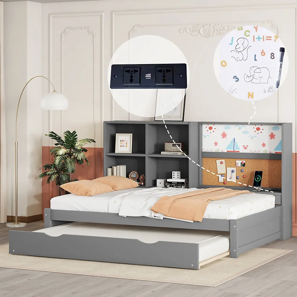 Lit Gigogne 90 x 200 cm - Lit enfant avec Port de Chargement USB et Rangement - Bois de Pin + MDF - Sans Matelas - Gris>Okwish Clearance
