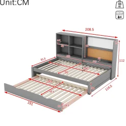 Lit Gigogne 90 x 200 cm - Lit enfant avec Port de Chargement USB et Rangement - Bois de Pin + MDF - Sans Matelas - Gris><noscript><img width=