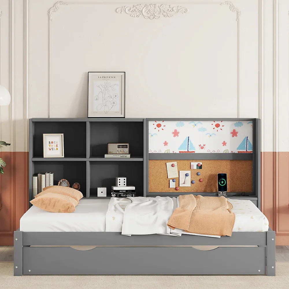 Lit Gigogne 90 x 200 cm - Lit enfant avec Port de Chargement USB et Rangement - Bois de Pin + MDF - Sans Matelas - Gris>Okwish Clearance