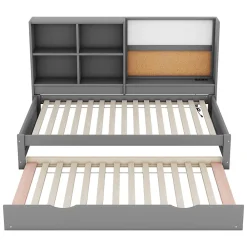 Lit Gigogne 90 x 200 cm - Lit enfant avec Port de Chargement USB et Rangement - Bois de Pin + MDF - Sans Matelas - Gris><noscript><img width=