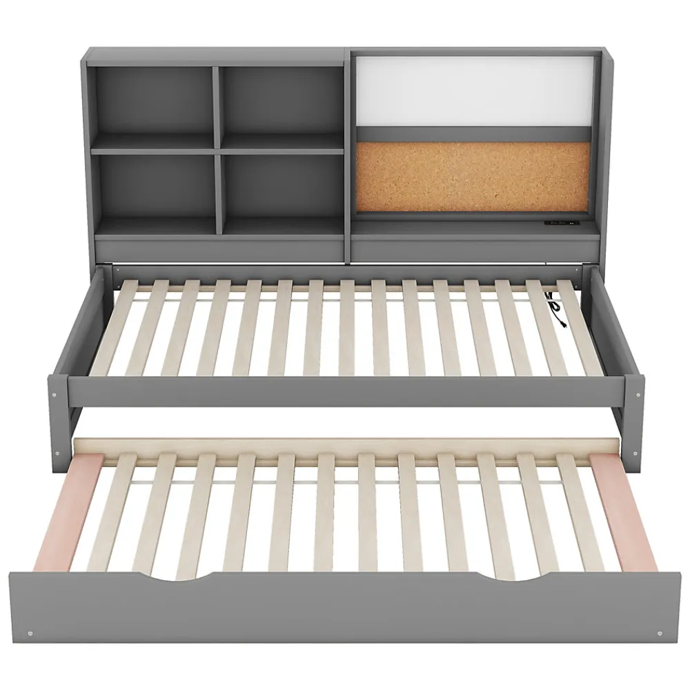 Lit Gigogne 90 x 200 cm - Lit enfant avec Port de Chargement USB et Rangement - Bois de Pin + MDF - Sans Matelas - Gris>Okwish Clearance