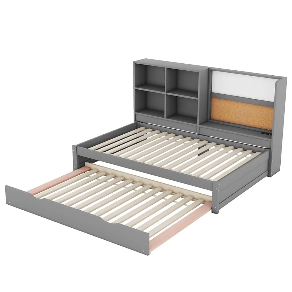 Lit Gigogne 90 x 200 cm - Lit enfant avec Port de Chargement USB et Rangement - Bois de Pin + MDF - Sans Matelas - Gris>Okwish Clearance