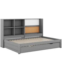 Lit Gigogne 90 x 200 cm - Lit enfant avec Port de Chargement USB et Rangement - Bois de Pin + MDF - Sans Matelas - Gris><noscript><img width=