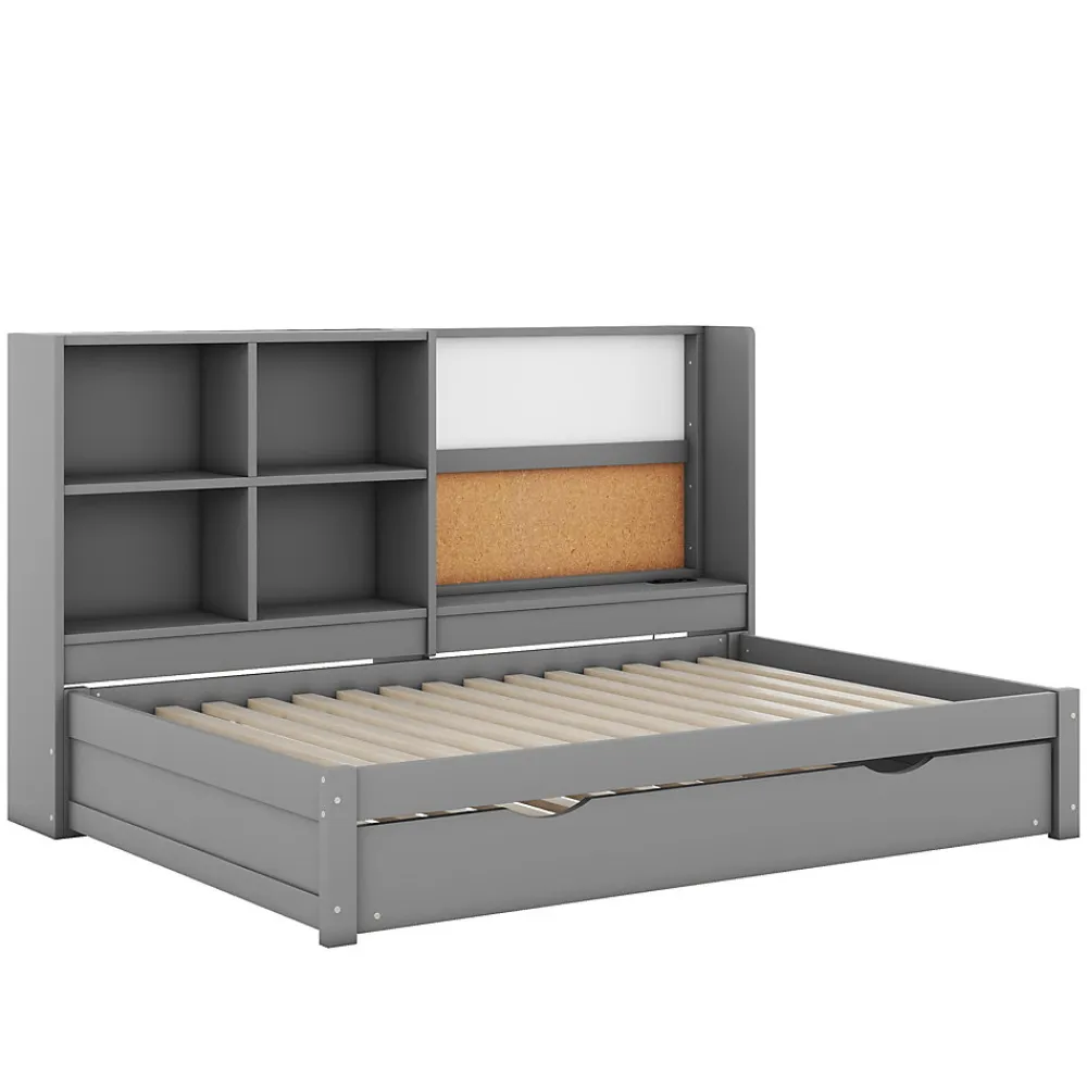 Lit Gigogne 90 x 200 cm - Lit enfant avec Port de Chargement USB et Rangement - Bois de Pin + MDF - Sans Matelas - Gris>Okwish Clearance