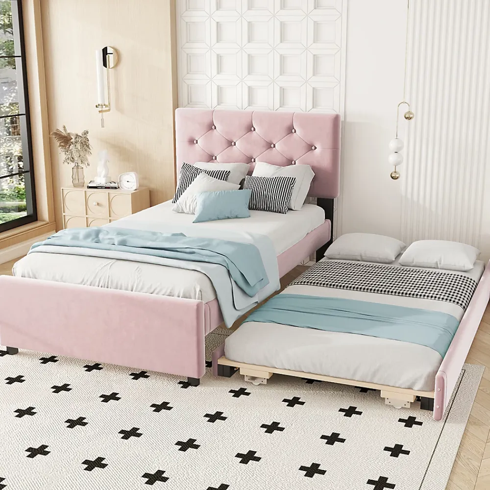 Okwish Lit Gigogne 90 x 200 cm - Lit Simple Rembourré avec Roulettes - Velours - Sans Matelas - Rose* Lit Gigogne
