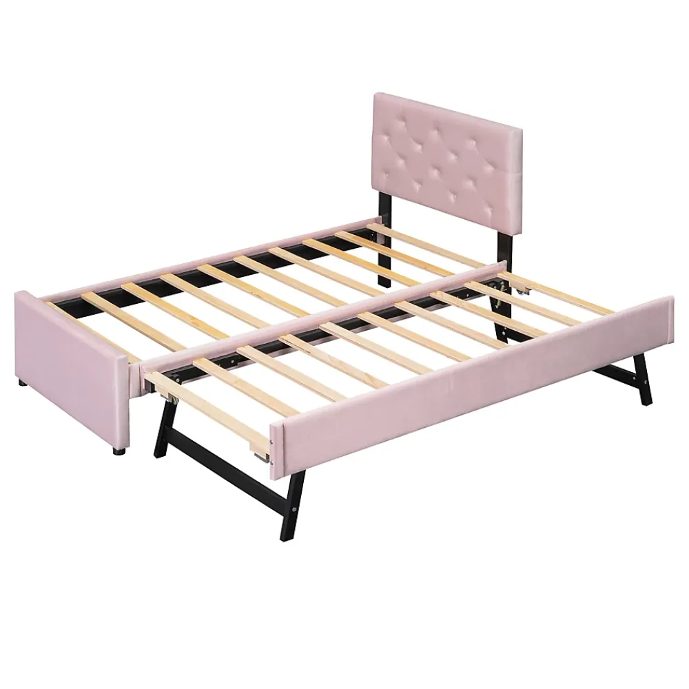 Okwish Lit Gigogne 90 x 200 cm - Lit Simple Rembourré avec Roulettes - Velours - Sans Matelas - Rose* Lit Gigogne