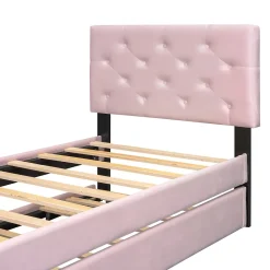 Okwish Lit Gigogne 90 x 200 cm - Lit Simple Rembourré avec Roulettes - Velours - Sans Matelas - Rose* Lit Gigogne
