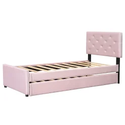 Okwish Lit Gigogne 90 x 200 cm - Lit Simple Rembourré avec Roulettes - Velours - Sans Matelas - Rose* Lit Gigogne