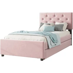Okwish Lit Gigogne 90 x 200 cm - Lit Simple Rembourré avec Roulettes - Velours - Sans Matelas - Rose* Lit Gigogne