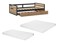 Lit gigogne 120 x 200 et 90 x 200 cm - MDF, Pin et métal - Naturel et anthracite + Matelas - BOSTON>Vente-unique Discount