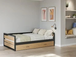 Lit gigogne 120 x 200 et 90 x 200 cm - MDF, Pin et métal - Naturel et anthracite + Matelas - BOSTON>Vente-unique Discount