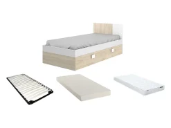 Vente-unique Lit gigogne 2 x 90 x 190 cm - Coloris : Naturel et blanc + matelas + sommier - SONIA*Enfant Lit Enfant