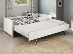 Lit gigogne 2 x 90 x 190 cm - MDF, pin et métal - Blanc et naturel - MAREKI>Vente-unique Best