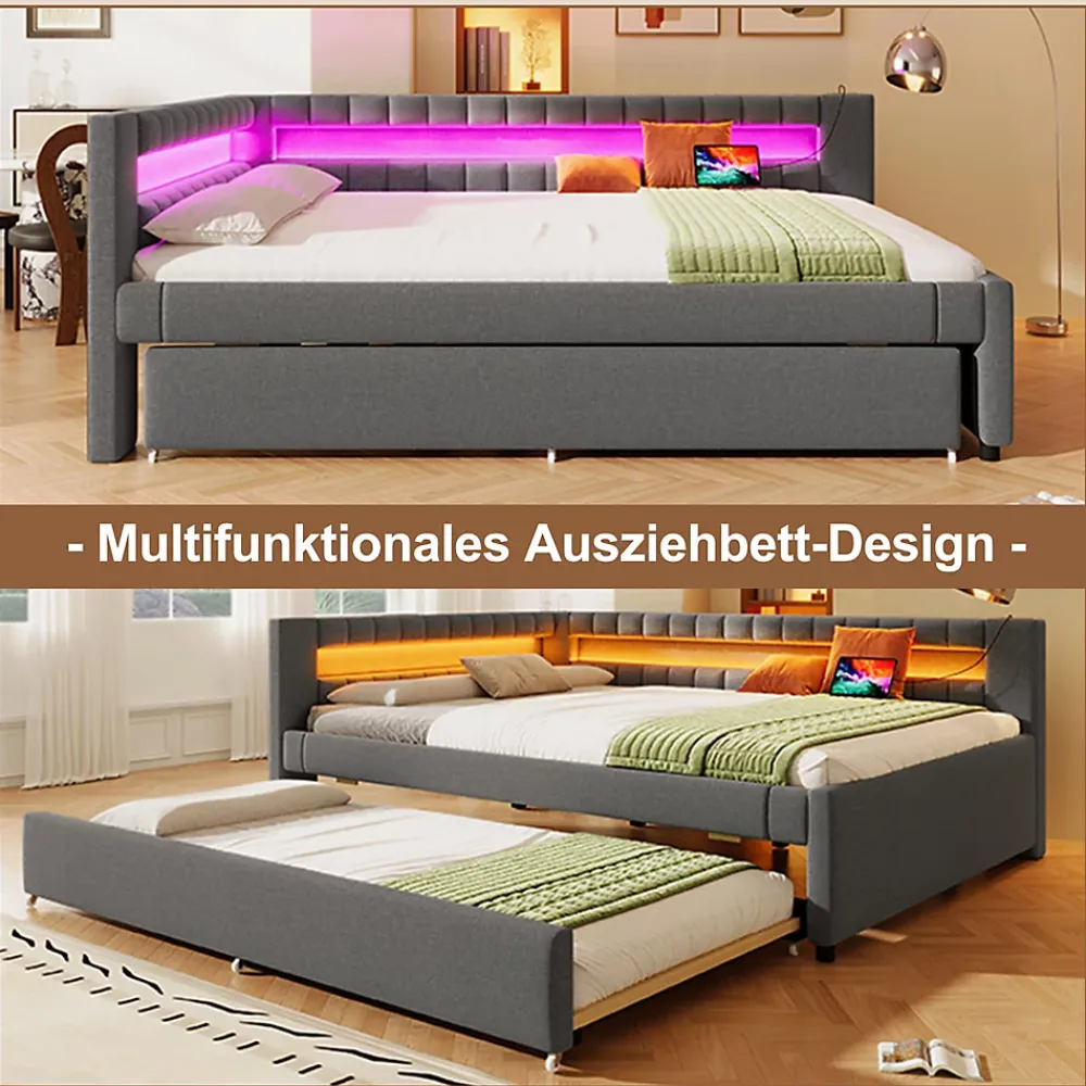 Okwish Lit Gigogne Ado 140x200 cm - avec Sommier Coulissant, Bande LED et Ports USB Type-C, Matériaux Lin et MDF, sans Matelas, Gris* Lit Gigogne