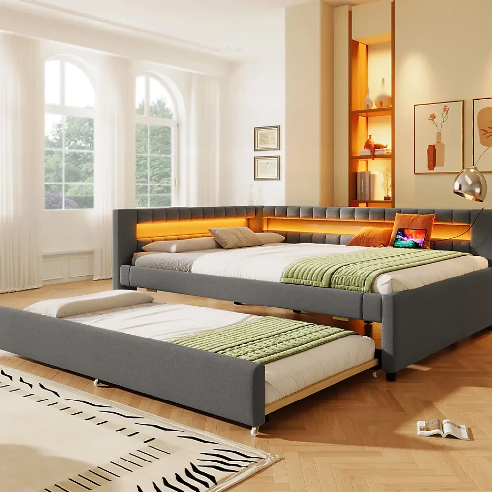 Okwish Lit Gigogne Ado 140x200 cm - avec Sommier Coulissant, Bande LED et Ports USB Type-C, Matériaux Lin et MDF, sans Matelas, Gris* Lit Gigogne