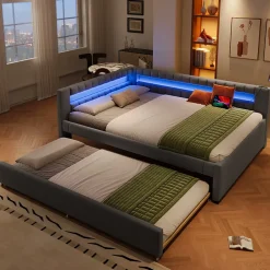Okwish Lit Gigogne Ado 140x200 cm - avec Sommier Coulissant, Bande LED et Ports USB Type-C, Matériaux Lin et MDF, sans Matelas, Gris* Lit Gigogne