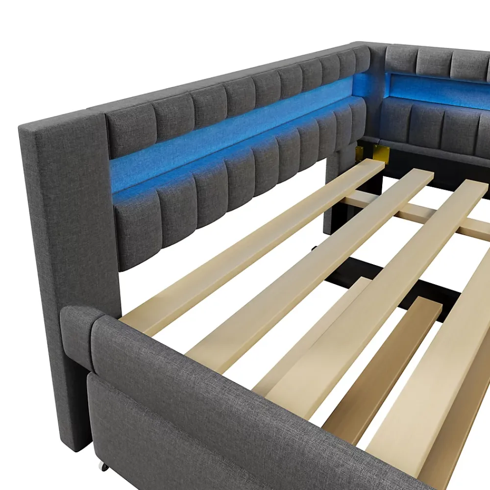Okwish Lit Gigogne Ado 140x200 cm - avec Sommier Coulissant, Bande LED et Ports USB Type-C, Matériaux Lin et MDF, sans Matelas, Gris* Lit Gigogne