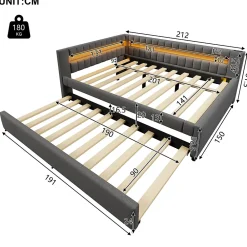 Okwish Lit Gigogne Ado 140x200 cm - avec Sommier Coulissant, Bande LED et Ports USB Type-C, Matériaux Lin et MDF, sans Matelas, Gris* Lit Gigogne