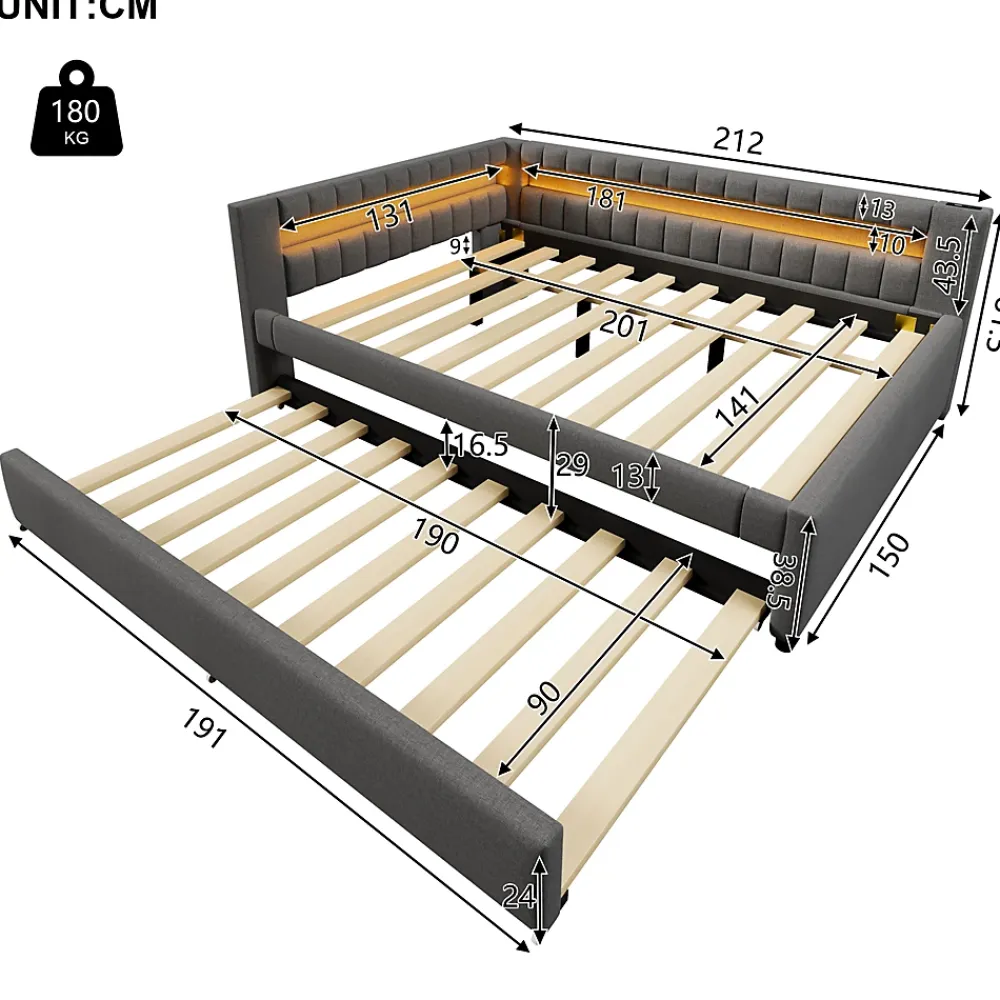 Okwish Lit Gigogne Ado 140x200 cm - avec Sommier Coulissant, Bande LED et Ports USB Type-C, Matériaux Lin et MDF, sans Matelas, Gris* Lit Gigogne