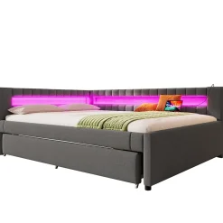 Okwish Lit Gigogne Ado 140x200 cm - avec Sommier Coulissant, Bande LED et Ports USB Type-C, Matériaux Lin et MDF, sans Matelas, Gris* Lit Gigogne