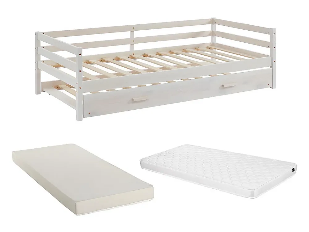 Vente-unique Lit gigogne AEDAN II - 2 x 90 x 190 cm - Pin massif et MDF - Blanchi + matelas*Enfant Lit Enfant
