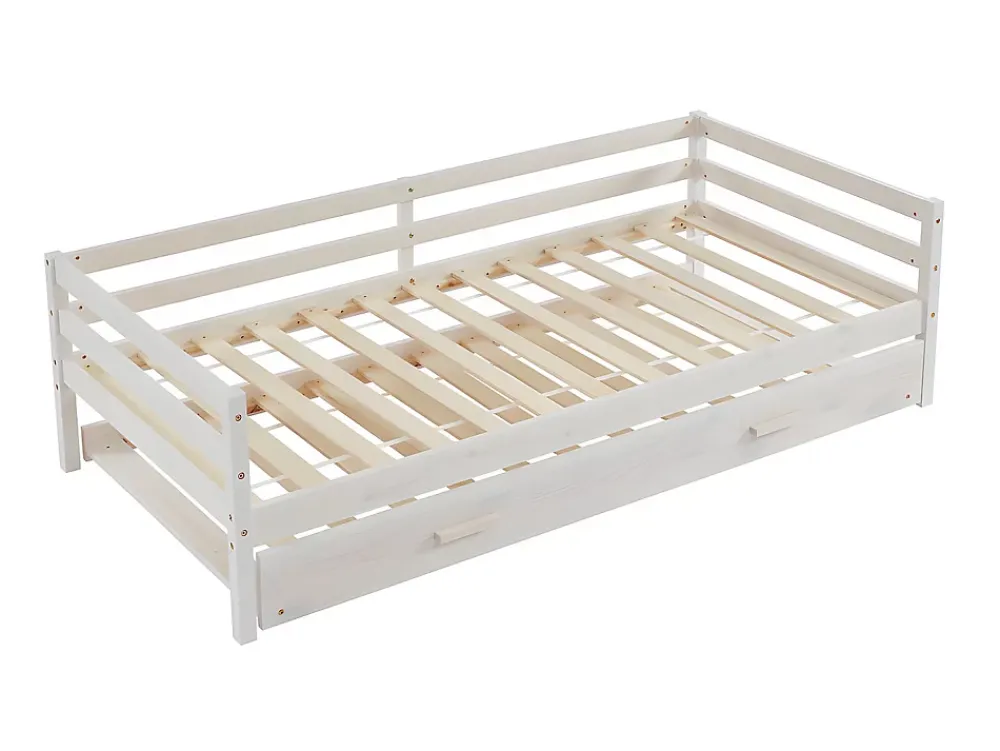Vente-unique Lit gigogne AEDAN II - 2 x 90 x 190 cm - Pin massif et MDF - Blanchi + matelas*Enfant Lit Enfant