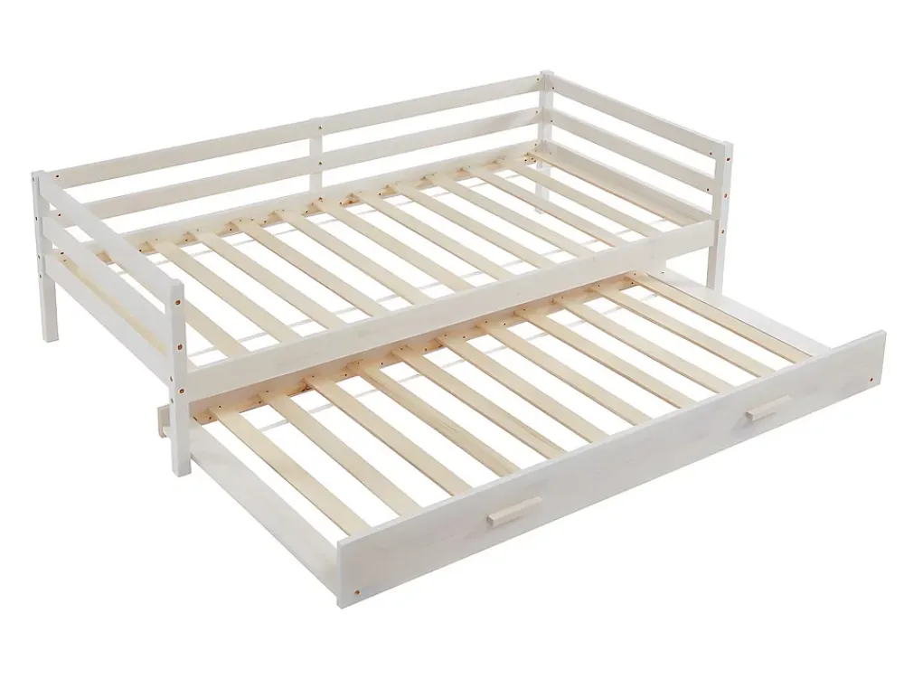 Vente-unique Lit gigogne AEDAN II - 2 x 90 x 190 cm - Pin massif et MDF - Blanchi + matelas*Enfant Lit Enfant