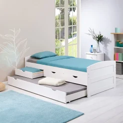 Idimex Lit gigogne avec rangements JESSY, 90 x 190 cm en pin massif lasuré blanc* Lit Gigogne
