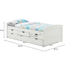 Idimex Lit gigogne avec rangements JESSY, 90 x 190 cm en pin massif lasuré blanc* Lit Gigogne
