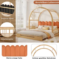 Lit gigogne cabane enfant 140x200 cm avec toit arqué et coussins en velours - pin massif naturel et orange>Okwish Hot