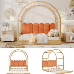 Lit gigogne cabane enfant 140x200 cm avec toit arqué et coussins en velours - pin massif naturel et orange><noscript><img width=