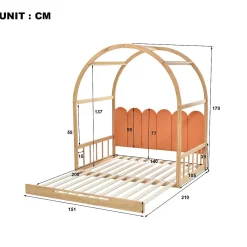 Lit gigogne cabane enfant 140x200 cm avec toit arqué et coussins en velours - pin massif naturel et orange><noscript><img width=
