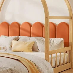 Lit gigogne cabane enfant 140x200 cm avec toit arqué et coussins en velours - pin massif naturel et orange><noscript><img width=