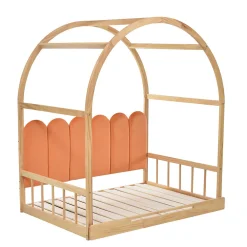 Lit gigogne cabane enfant 140x200 cm avec toit arqué et coussins en velours - pin massif naturel et orange><noscript><img width=