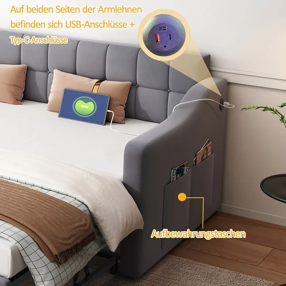 Okwish Lit Gigogne Capitonné 2-en-1 90/180x190 cm avec Rangement et Prise USB, Lit Convertible en Velours, Gris* Lit Gigogne