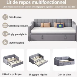 Okwish Lit Gigogne Capitonné 2-en-1 90/180x190 cm avec Rangement et Prise USB, Lit Convertible en Velours, Gris* Lit Gigogne