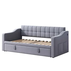 Okwish Lit Gigogne Capitonné 2-en-1 90/180x190 cm avec Rangement et Prise USB, Lit Convertible en Velours, Gris* Lit Gigogne