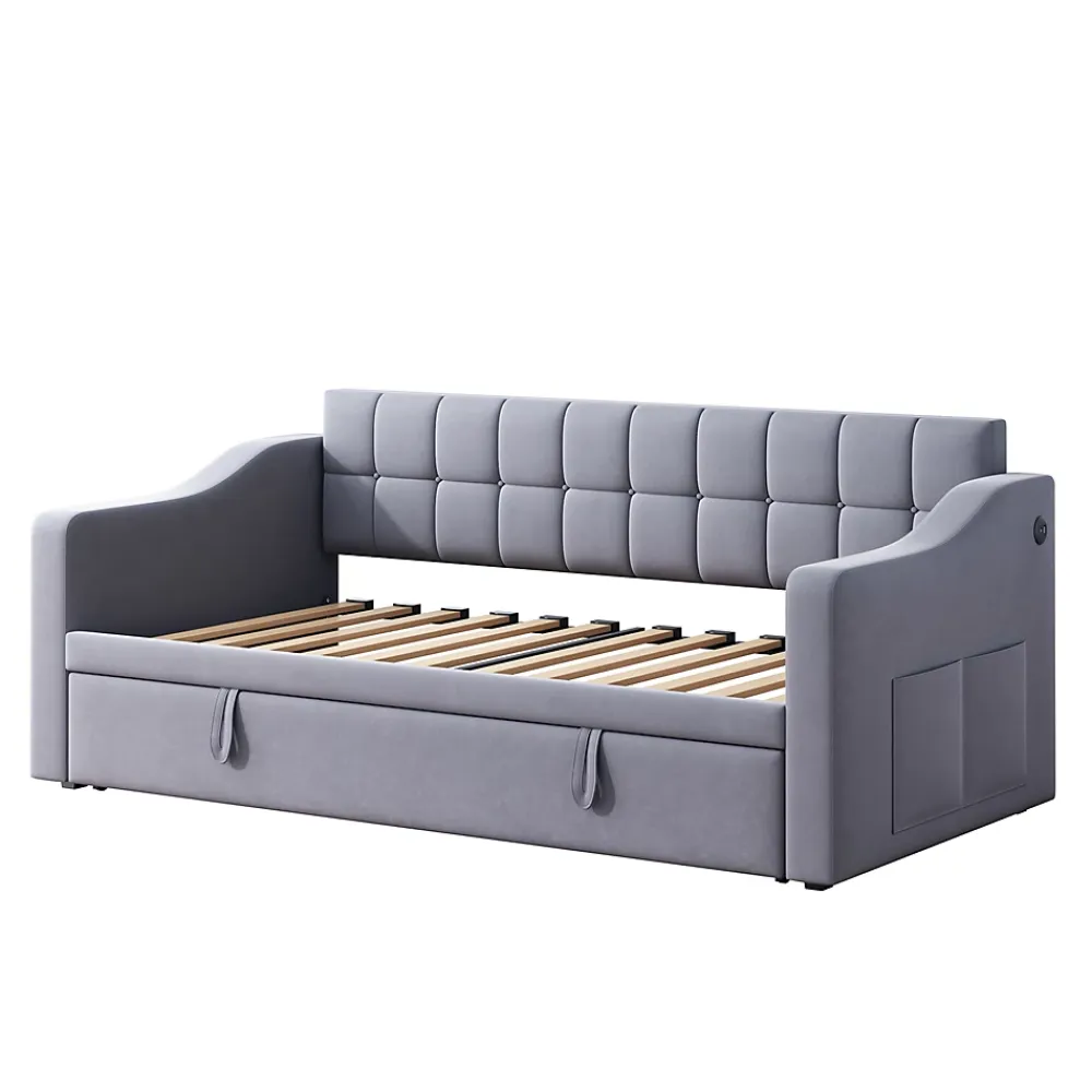 Okwish Lit Gigogne Capitonné 2-en-1 90/180x190 cm avec Rangement et Prise USB, Lit Convertible en Velours, Gris* Lit Gigogne